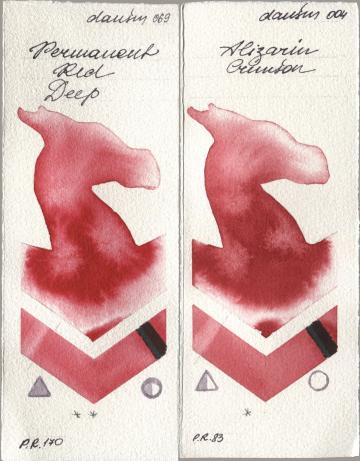 Daniel Smith 069 Permanent Red Deep, 004 Alizarin Crims watercolor swatch