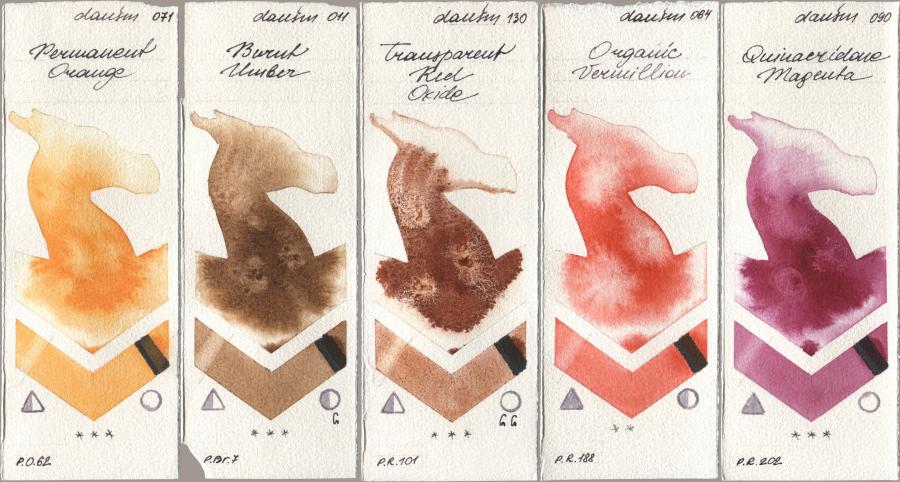 Daniel Smith 071 Permanent Orange, 011 Burnt Umber, 130 Transparent Red Oxide, 064 Organic Vermilion, 090 Quinacridone Magen watercolor swatch