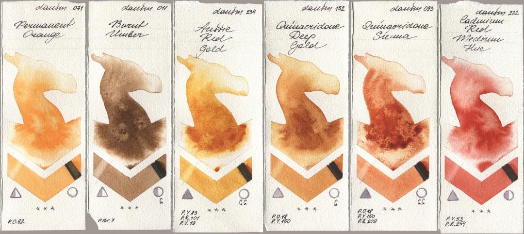 Daniel Smith 071 Permanent Orange, 011 Burnt Umber, 234 Aussie Red Gold, 152 Quinacridone Deep Gold, 093 Quinacridone Sienna, 222 Cadmium Red Medium H watercolor swatch