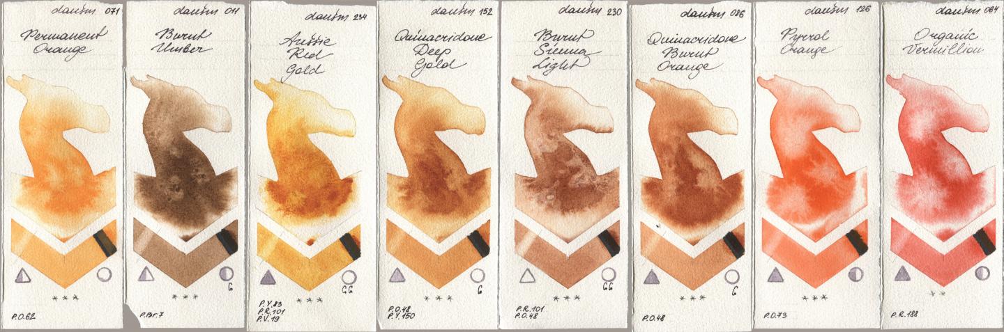 Daniel Smith 071 Permanent Orange, 011 Burnt Umber, 234 Aussie Red Gold, 152 Quinacridone Deep Gold, 230 Burnt Sienna Light, 086 Quinacridone Burnt Orange, 126 Pyrrol Orange, 064 Organic Vermili watercolor swatch