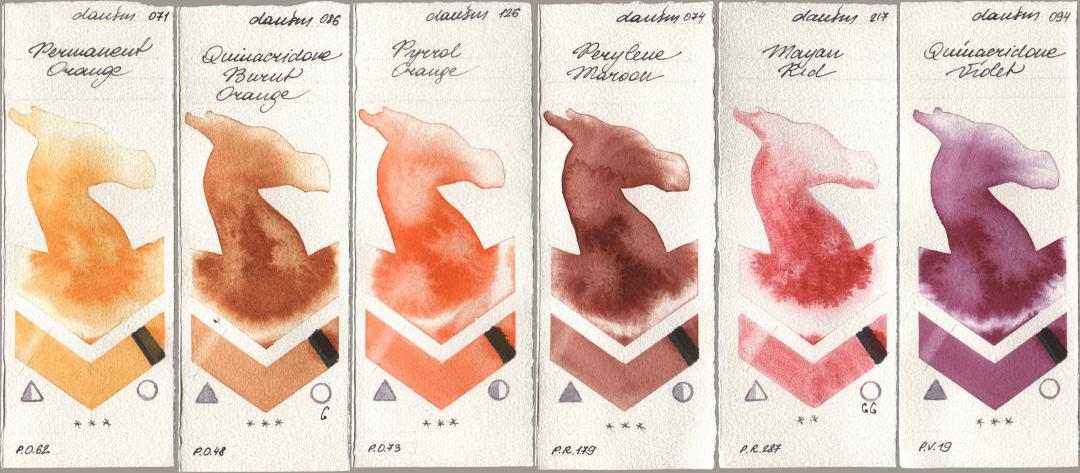 Daniel Smith 071 Permanent Orange, 086 Quinacridone Burnt Orange, 126 Pyrrol Orange, 074 Perylene Maroon, 217 Mayan Red, 094 Quinacridone Viol watercolor swatch