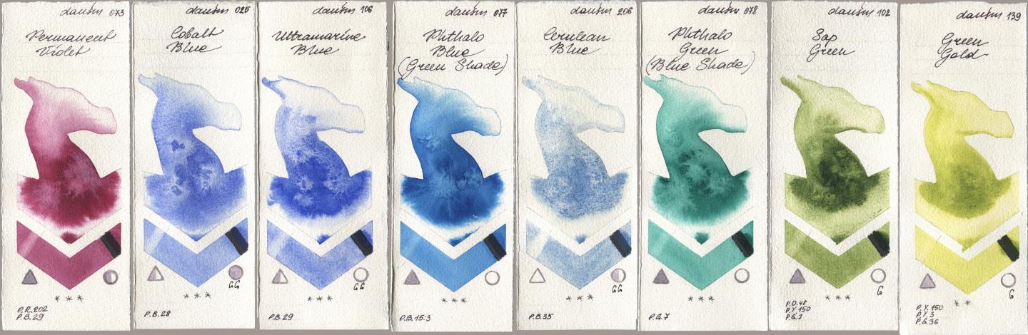 Daniel Smith 073 Permanent Violet, 025 Cobalt Blue, 106 Ultramarine Blue, 077 Phthalo Blue (Green Shade), 206 Cerulean Blue, 078 Phthalo Green (Blue Shade), 102 Sap Green, 139 Green Go watercolor swatch