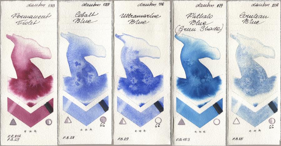 Daniel Smith 073 Permanent Violet, 025 Cobalt Blue, 106 Ultramarine Blue, 077 Phthalo Blue (Green Shade), 206 Cerulean Bl watercolor swatch
