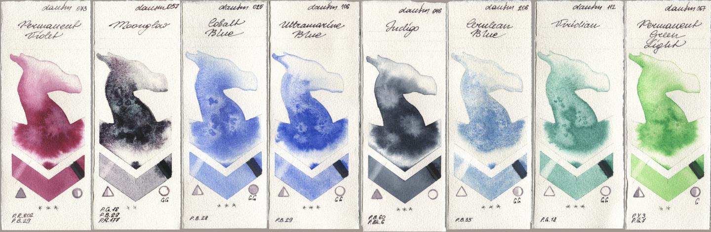 Daniel Smith 073 Permanent Violet, 057 Moonglow, 025 Cobalt Blue, 106 Ultramarine Blue, 046 Indigo, 206 Cerulean Blue, 112 Viridian, 067 Permanent Green Lig watercolor swatch