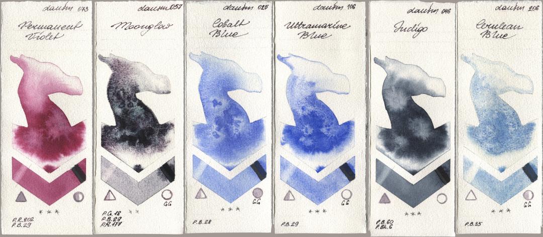 Daniel Smith 073 Permanent Violet, 057 Moonglow, 025 Cobalt Blue, 106 Ultramarine Blue, 046 Indigo, 206 Cerulean Bl watercolor swatch