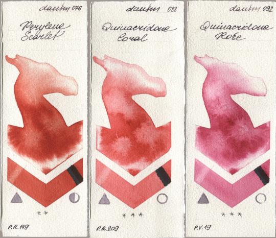 Daniel Smith 076 Perylene Scarlet, 088 Quinacridone Coral, 092 Quinacridone Ro watercolor swatch