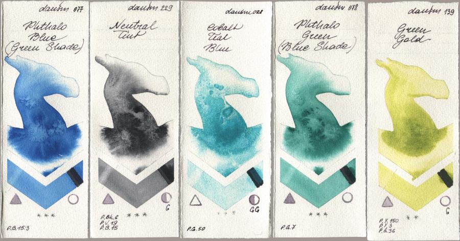Daniel Smith 077 Phthalo Blue (Green Shade), 229 Neutral Tint, 028 Cobalt Teal Blue, 078 Phthalo Green (Blue Shade), 139 Green Go watercolor swatch