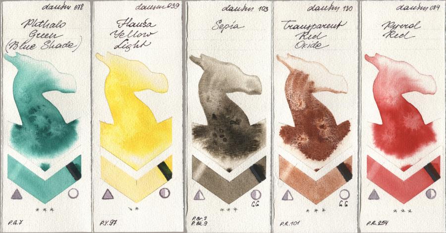 Daniel Smith 078 Phthalo Green (Blue Shade), 039 Hansa Yellow Light, 103 Sepia, 130 Transparent Red Oxide, 084 Pyrrol R watercolor swatch