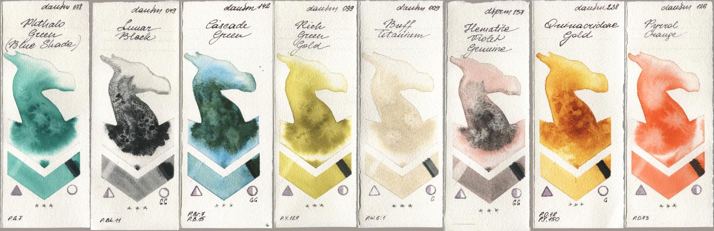 Daniel Smith 078 Phthalo Green (Blue Shade), 049 Lunar Black, 142 Cascade Green, 099 Rich Green Gold, 009 Buff Titanium, 157 Hematite Violet Genuine, 238 Quinacridone Gold, 126 Pyrrol Oran watercolor swatch