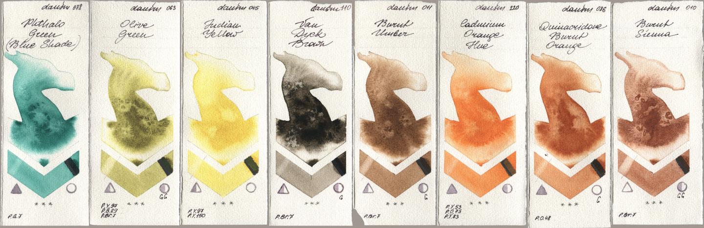 Daniel Smith 078 Phthalo Green (Blue Shade), 063 Olive Green, 045 Indian Yellow, 110 Van Dyck Brown, 011 Burnt Umber, 220 Cadmium Orange Hue, 086 Quinacridone Burnt Orange, 010 Burnt Sien watercolor swatch