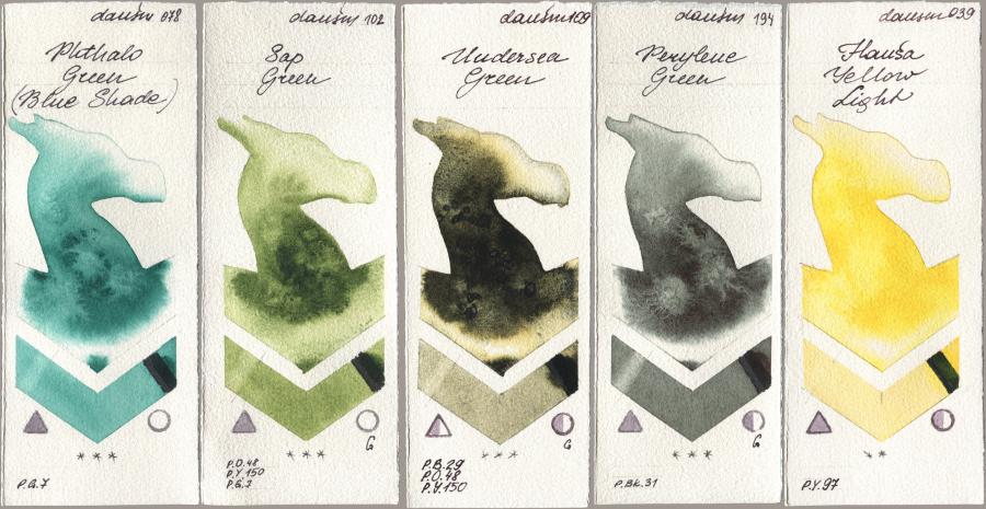 Daniel Smith 078 Phthalo Green (Blue Shade), 102 Sap Green, 109 Undersea Green, 194 Perylene Green, 039 Hansa Yellow Lig watercolor swatch