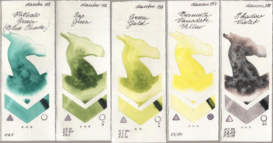 Daniel Smith 078 Phthalo Green (Blue Shade), 102 Sap Green, 139 Green Gold, 154 Bismuth Vanadate Yellow, 188 Shadow Viol watercolor swatch