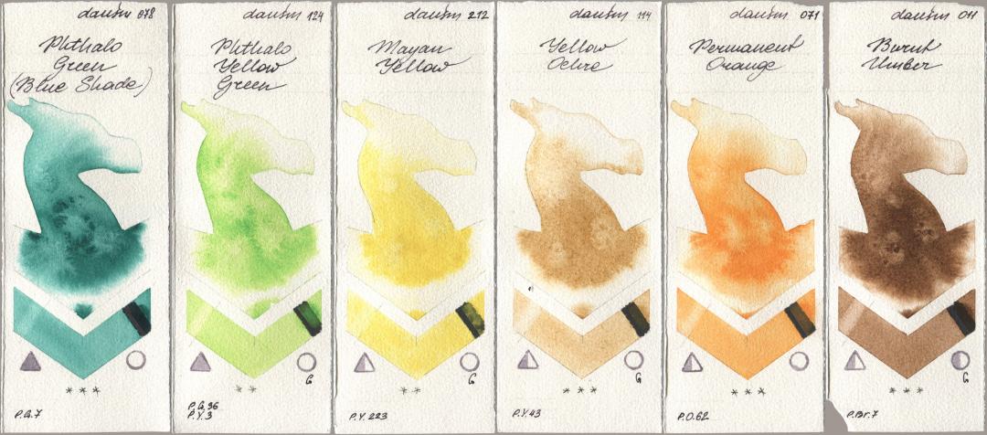 Daniel Smith 078 Phthalo Green (Blue Shade), 124 Phthalo Yellow Green, 212 Mayan Yellow, 114 Yellow Ochre, 071 Permanent Orange, 011 Burnt Umb watercolor swatch