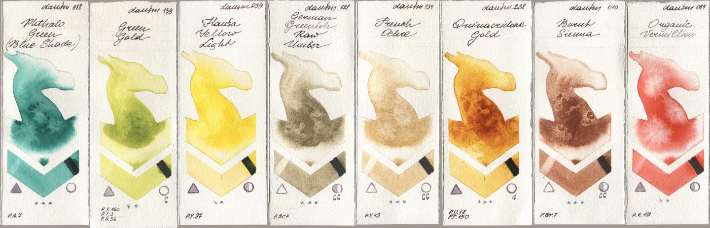 Daniel Smith 078 Phthalo Green (Blue Shade), 139 Green Gold, 039 Hansa Yellow Light, 121 German Greenish Raw Umber, 134 French Ochre, 238 Quinacridone Gold, 010 Burnt Sienna, 064 Organic Vermili watercolor swatch