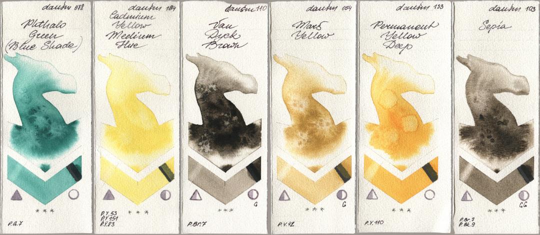 Daniel Smith 078 Phthalo Green (Blue Shade), 184 Cadmium Yellow Medium Hue, 110 Van Dyck Brown, 054 Mars Yellow, 133 Permanent Yellow Deep, 103 Sep watercolor swatch