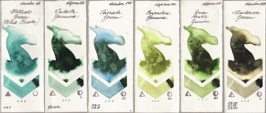 Daniel Smith 078 Phthalo Green (Blue Shade), 195 Jadeite Genuine, 142 Cascade Green, 190 Serpentine Genuine, 197 Green Apatite Genuine, 109 Undersea Gre watercolor swatch