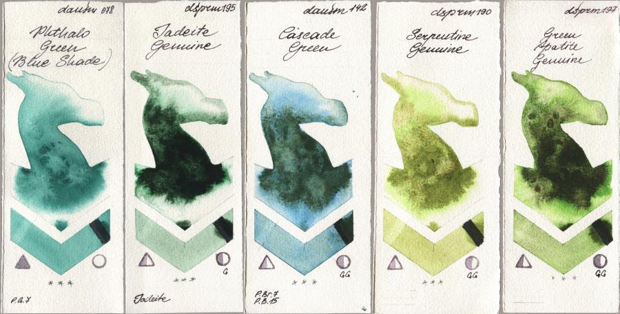 Daniel Smith 078 Phthalo Green (Blue Shade), 195 Jadeite Genuine, 142 Cascade Green, 190 Serpentine Genuine, 197 Green Apatite Genui watercolor swatch