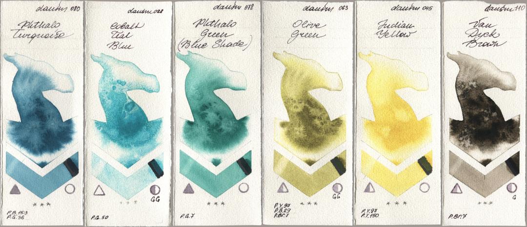 Daniel Smith 080 Phthalo Turquoise, 028 Cobalt Teal Blue, 078 Phthalo Green (Blue Shade), 063 Olive Green, 045 Indian Yellow, 110 Van Dyck Bro watercolor swatch