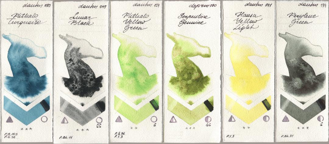 Daniel Smith 080 Phthalo Turquoise, 049 Lunar Black, 124 Phthalo Yellow Green, 190 Serpentine Genuine, 041 Hansa Yellow Light, 194 Perylene Gre watercolor swatch