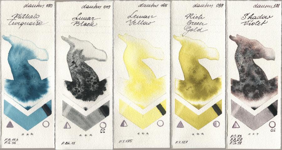 Daniel Smith 080 Phthalo Turquoise, 049 Lunar Black, 165 Lemon Yellow, 099 Rich Green Gold, 188 Shadow Viol watercolor swatch