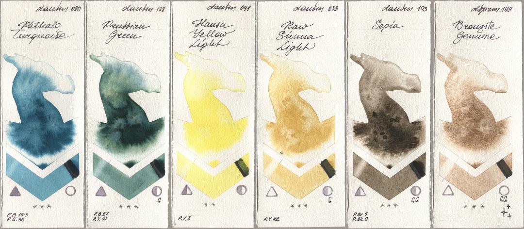 Daniel Smith 080 Phthalo Turquoise, 128 Prussian Green, 041 Hansa Yellow Light, 233 Raw Sienna Light, 103 Sepia, 199 Bronzite Genui watercolor swatch