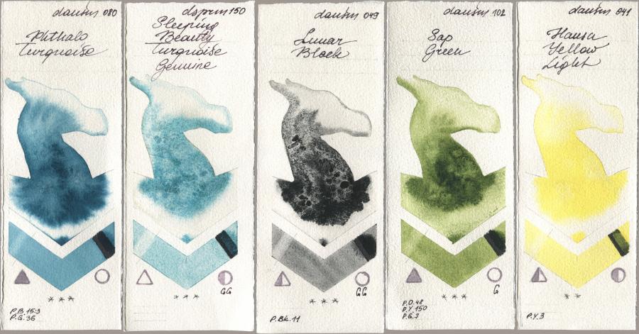 Daniel Smith 080 Phthalo Turquoise, 150 Sleeping Beauty Turquoise Genuine, 049 Lunar Black, 102 Sap Green, 041 Hansa Yellow Lig watercolor swatch