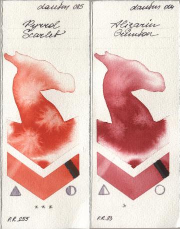 Daniel Smith 085 Pyrrol Scarlet, 004 Alizarin Crims watercolor swatch