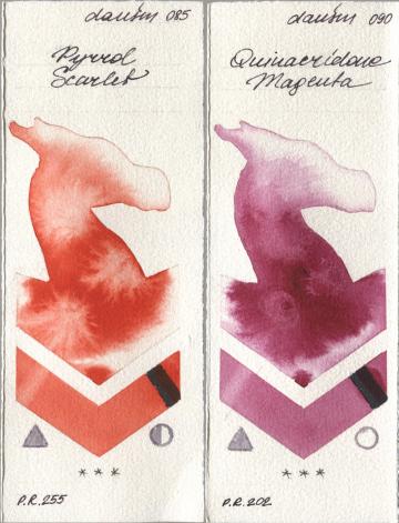 Daniel Smith 085 Pyrrol Scarlet, 090 Quinacridone Magen watercolor swatch