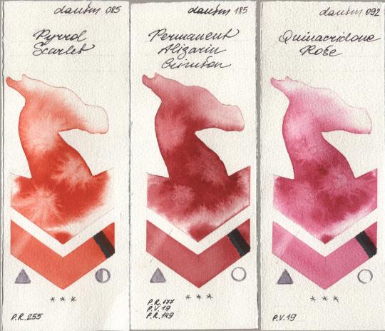 Daniel Smith 085 Pyrrol Scarlet, 185 Permanent Alizarin Crimson, 092 Quinacridone Ro watercolor swatch