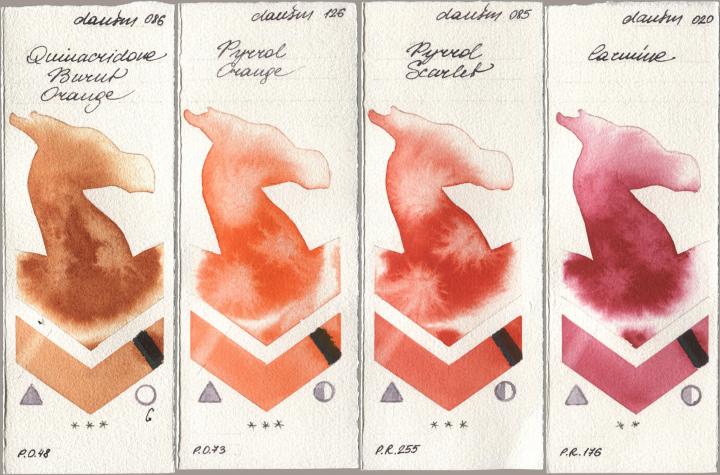 Daniel Smith 086 Quinacridone Burnt Orange, 126 Pyrrol Orange, 085 Pyrrol Scarlet, 020 Carmi watercolor swatch