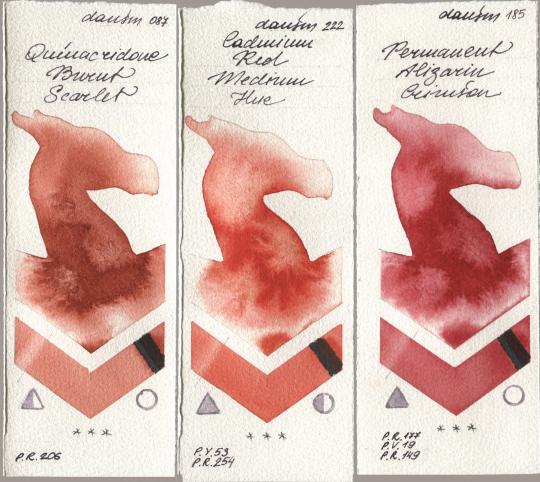 Daniel Smith 087 Quinacridone Burnt Scarlet, 222 Cadmium Red Medium Hue, 185 Permanent Alizarin Crims watercolor swatch