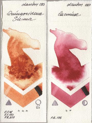 Daniel Smith 093 Quinacridone Sienna, 020 Carmi watercolor swatch
