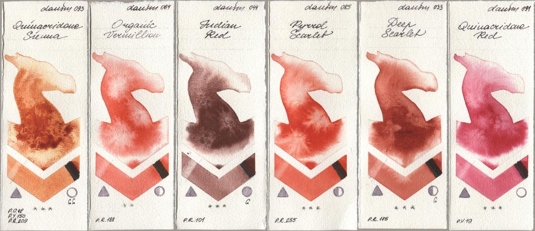 Daniel Smith 093 Quinacridone Sienna, 064 Organic Vermilion, 044 Indian Red, 085 Pyrrol Scarlet, 033 Deep Scarlet, 091 Quinacridone R watercolor swatch