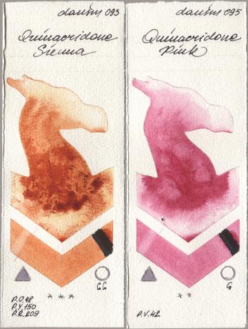 Daniel Smith 093 Quinacridone Sienna, 095 Quinacridone Pi watercolor swatch