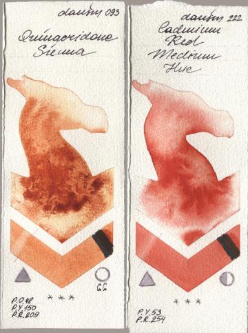 Daniel Smith 093 Quinacridone Sienna, 222 Cadmium Red Medium H watercolor swatch