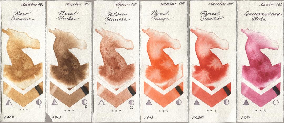 Daniel Smith 096 Raw Sienna, 011 Burnt Umber, 145 Sedona Genuine, 126 Pyrrol Orange, 085 Pyrrol Scarlet, 092 Quinacridone Ro watercolor swatch