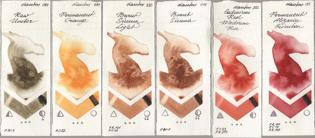 Daniel Smith 097 Raw Umber, 071 Permanent Orange, 230 Burnt Sienna Light, 010 Burnt Sienna, 222 Cadmium Red Medium Hue, 185 Permanent Alizarin Crims watercolor swatch
