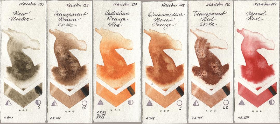 Daniel Smith 097 Raw Umber, 129 Transparent Brown Oxide, 220 Cadmium Orange Hue, 086 Quinacridone Burnt Orange, 130 Transparent Red Oxide, 084 Pyrrol R watercolor swatch