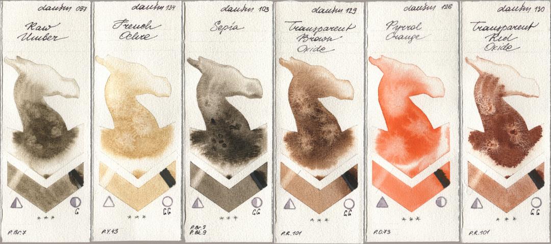 Daniel Smith 097 Raw Umber, 134 French Ochre, 103 Sepia, 129 Transparent Brown Oxide, 126 Pyrrol Orange, 130 Transparent Red Oxi watercolor swatch