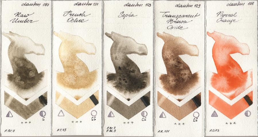 Daniel Smith 097 Raw Umber, 134 French Ochre, 103 Sepia, 129 Transparent Brown Oxide, 126 Pyrrol Oran watercolor swatch