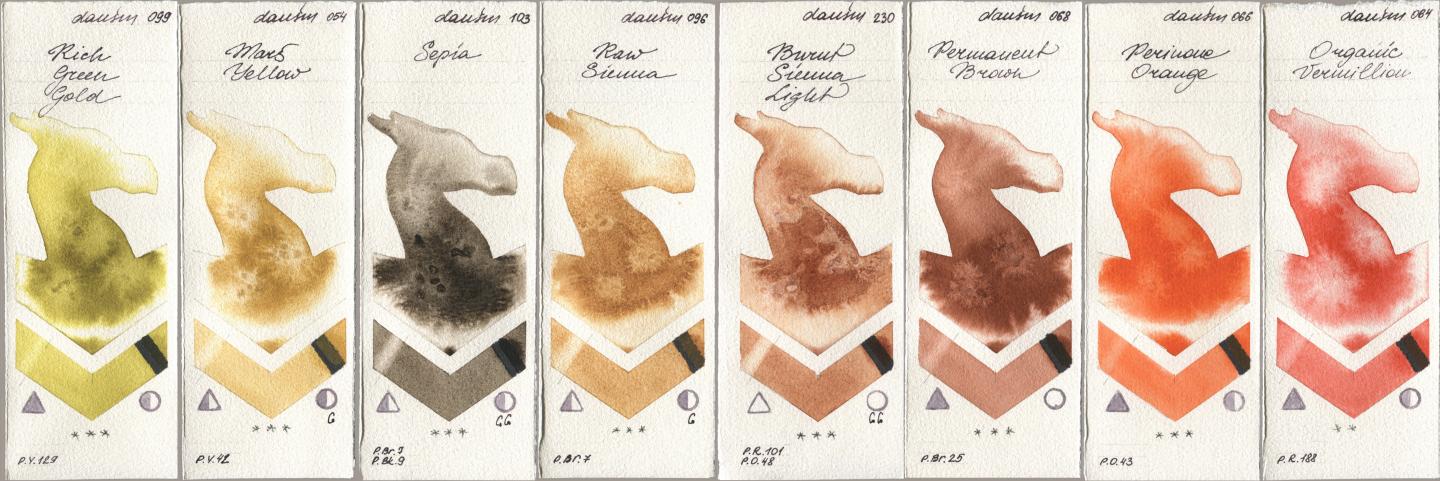 Daniel Smith 099 Rich Green Gold, 054 Mars Yellow, 103 Sepia, 096 Raw Sienna, 230 Burnt Sienna Light, 068 Permanent Brown, 066 Perinone Orange, 064 Organic Vermili watercolor swatch