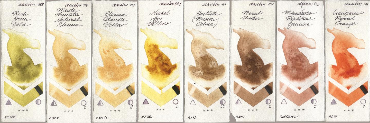 Daniel Smith 099 Rich Green Gold, 056 Monte Amiata Natural Sienna, 253 Chrome Titanate Yellow, 061 Nickel Azo Yellow, 144 Goethite (Brown Ochre), 011 Burnt Umber, 143 Minnesota Pipestone Genuine, 187 Transparent Pyrrol Oran watercolor swatch