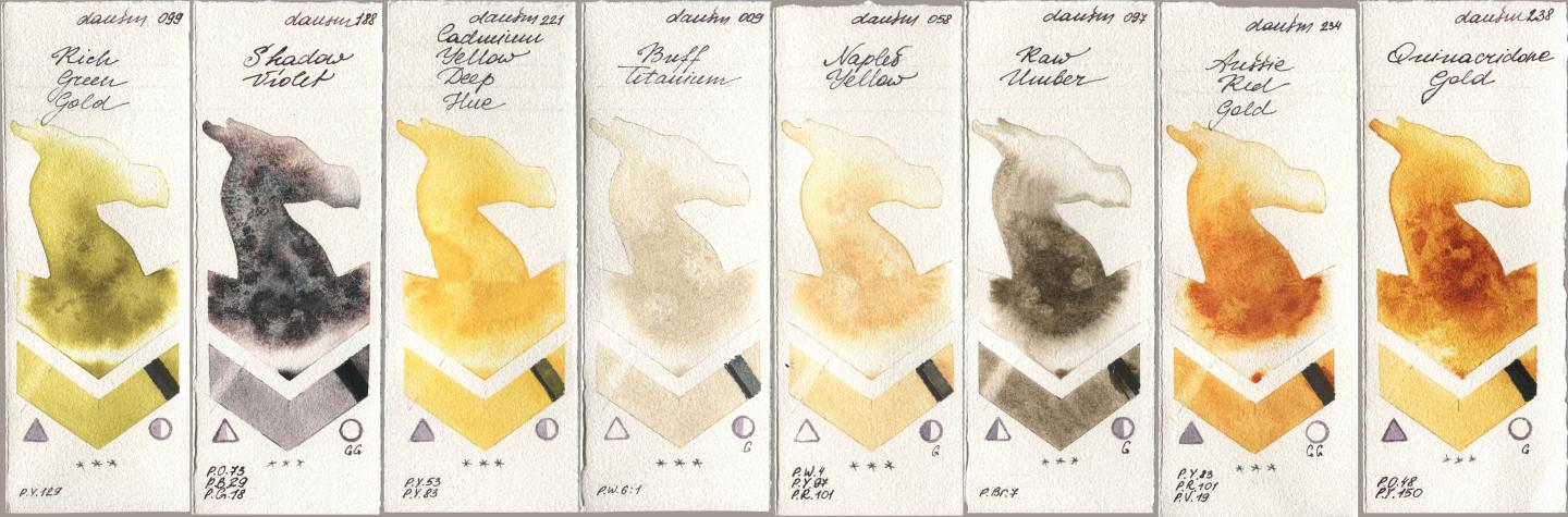 Daniel Smith 099 Rich Green Gold, 188 Shadow Violet, 221 Cadmium Yellow Deep Hue, 009 Buff Titanium, 058 Naples Yellow, 097 Raw Umber, 234 Aussie Red Gold, 238 Quinacridone Go watercolor swatch