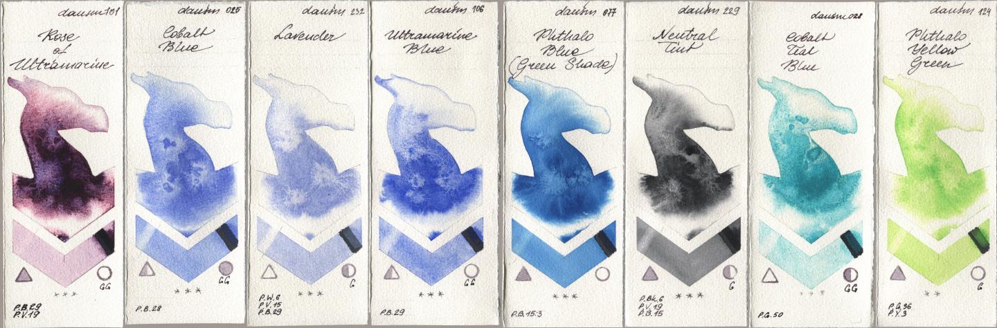 Daniel Smith 101 Rose of Ultramarine, 025 Cobalt Blue, 232 Lavender, 106 Ultramarine Blue, 077 Phthalo Blue (Green Shade), 229 Neutral Tint, 028 Cobalt Teal Blue, 124 Phthalo Yellow Gre watercolor swatch