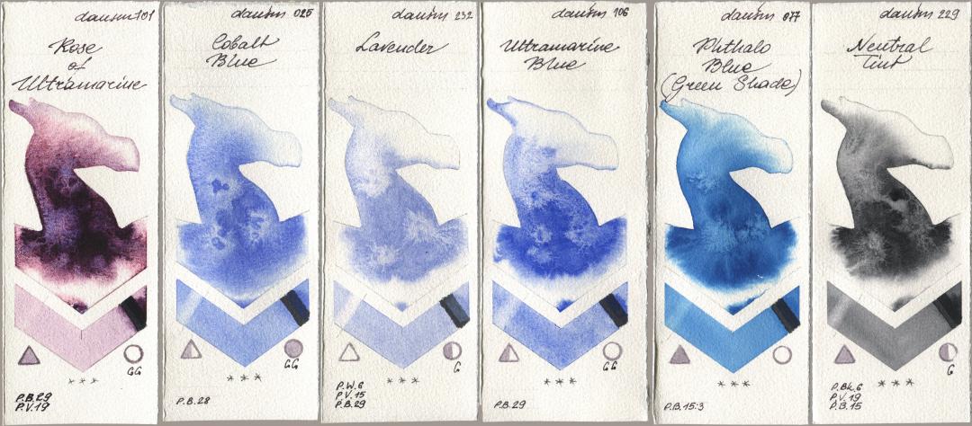 Daniel Smith 101 Rose of Ultramarine, 025 Cobalt Blue, 232 Lavender, 106 Ultramarine Blue, 077 Phthalo Blue (Green Shade), 229 Neutral Ti watercolor swatch