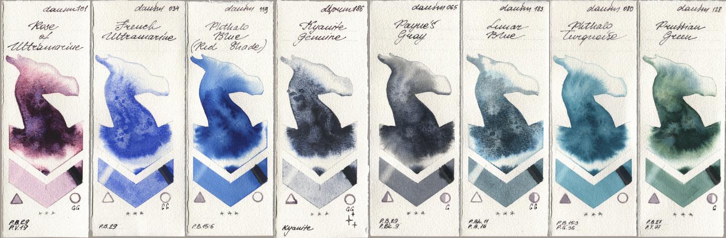 Daniel Smith 101 Rose of Ultramarine, 034 French Ultramarine, 119 Phthalo Blue (Red Shade), 186 Kyanite Genuine, 065 Paynes Gray, 183 Lunar Blue, 080 Phthalo Turquoise, 128 Prussian Gre watercolor swatch