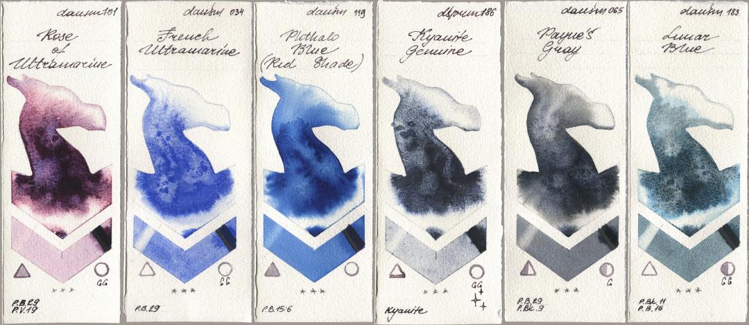 Daniel Smith 101 Rose of Ultramarine, 034 French Ultramarine, 119 Phthalo Blue (Red Shade), 186 Kyanite Genuine, 065 Paynes Gray, 183 Lunar Bl watercolor swatch