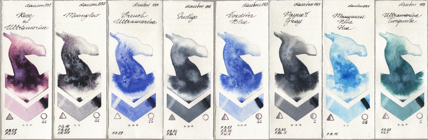Daniel Smith 101 Rose of Ultramarine, 057 Moonglow, 034 French Ultramarine, 046 Indigo, 173 Verditer Blue, 065 Paynes Gray, 051 Manganese Blue Hue, 105 Ultramarine Turquoi watercolor swatch