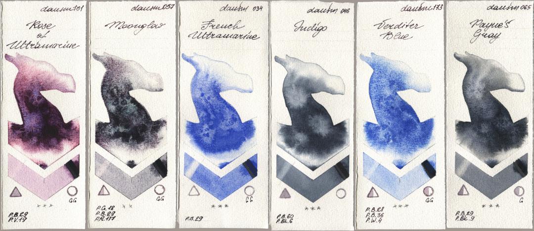 Daniel Smith 101 Rose of Ultramarine, 057 Moonglow, 034 French Ultramarine, 046 Indigo, 173 Verditer Blue, 065 Paynes Gr watercolor swatch