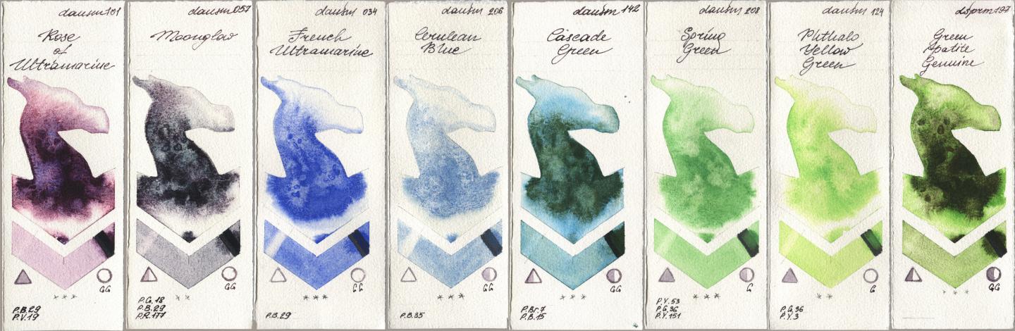Daniel Smith 101 Rose of Ultramarine, 057 Moonglow, 034 French Ultramarine, 206 Cerulean Blue, 142 Cascade Green, 208 Spring Green, 124 Phthalo Yellow Green, 197 Green Apatite Genui watercolor swatch